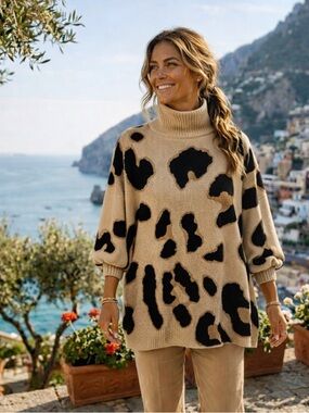 NWT ✨Lucca Couture Leopard Print Oversized Turtleneck Sweater XS Tan Black Chic